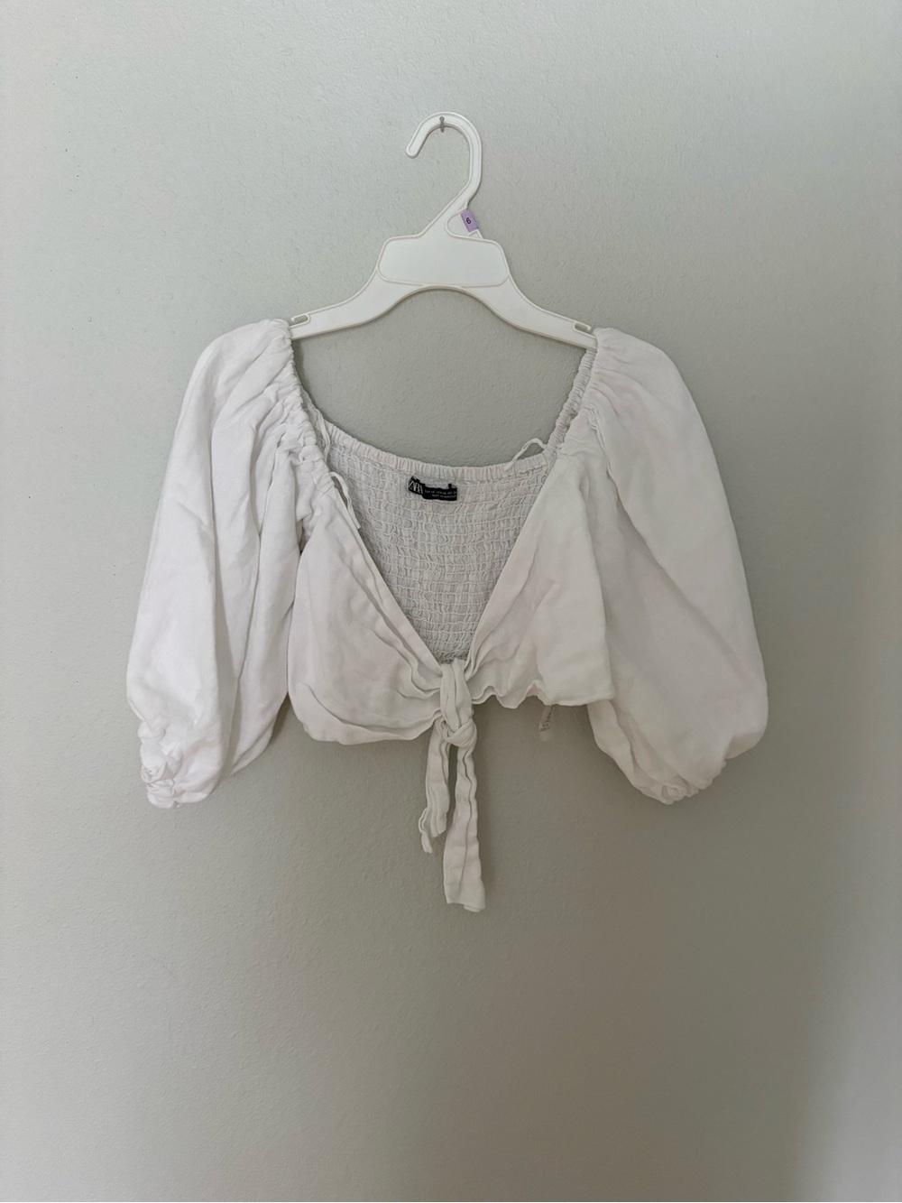 Zara White Puff-Sleeve Tie-Front Crop Blouse